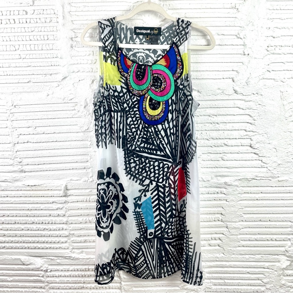 Desigual Mixed Media Sheer Tank Shift Dress Black White Abstract Print EU 40 (M)